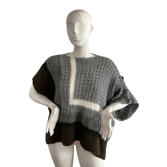 Wool Blend Vertigo Stripe Funnel Neck Knit Shawl Cape In Wild Dove Combo S/M - Picture 1 of 9